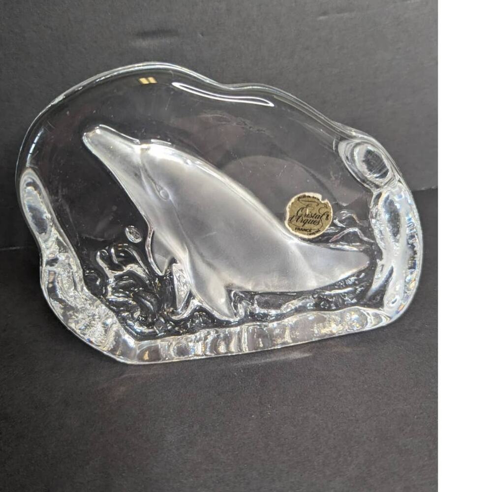 Crystal d Arques etched 3D dolphin crystal glass Paperweight Made in France